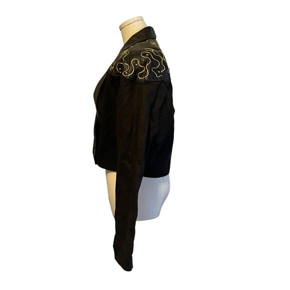 Vintage‎ Western Bolero Jacket Womens M Black Linen Leather Embellished 80s USA - Picture 5 of 11